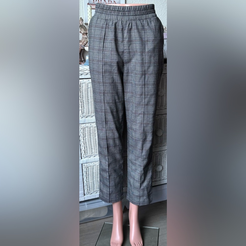 Abercrombie & Fitch Grey Blue Glen Check Pants Hi-Rise Elastic Waistband Size S